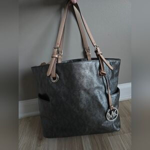 Michael Kors Metallic Gray Tote with Tan Straps